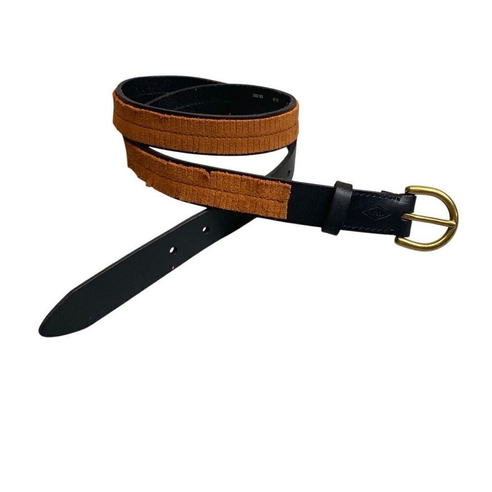 NEW Fossil Leather Belt Fringe Skinny Black Brown Size Medium Womens